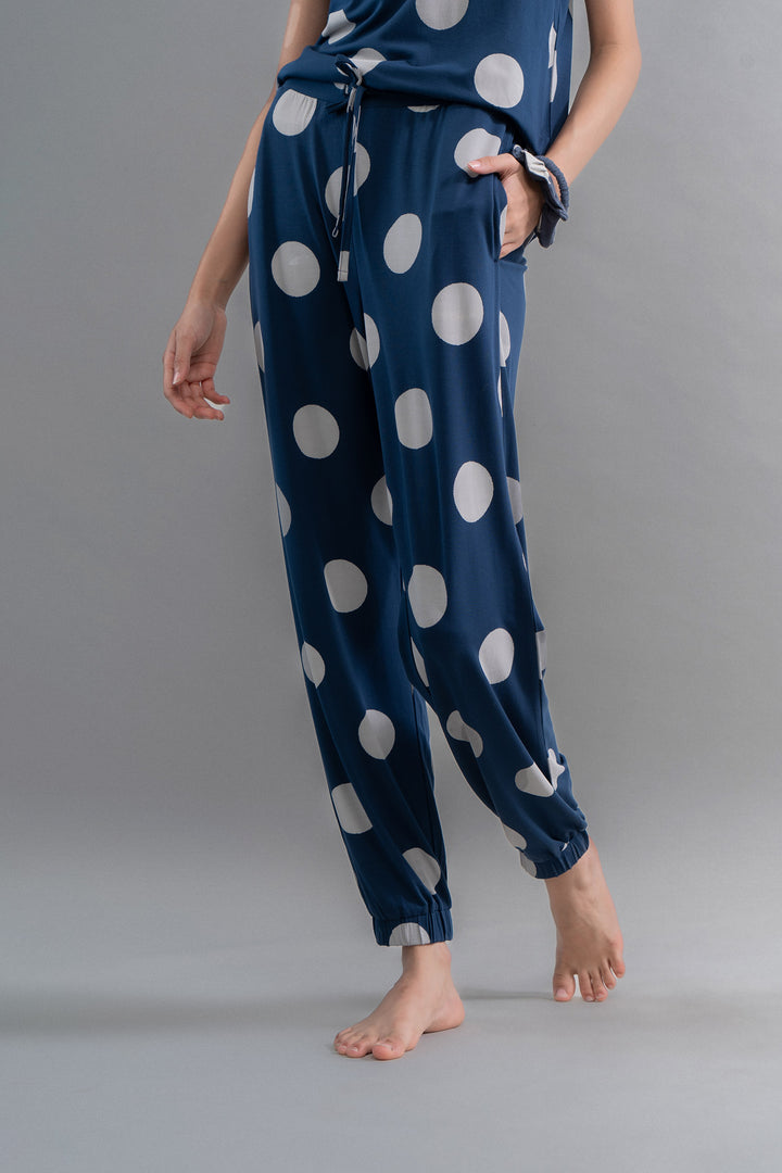 Sleepy Navy Polka Supima Cuffed Bottoms with stylish polka dot design.