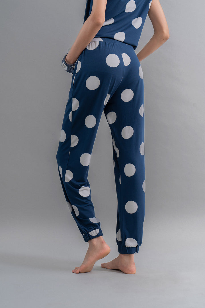 Sleepy Navy Polka Supima Cuffed Bottoms for comfortable sleepwear.