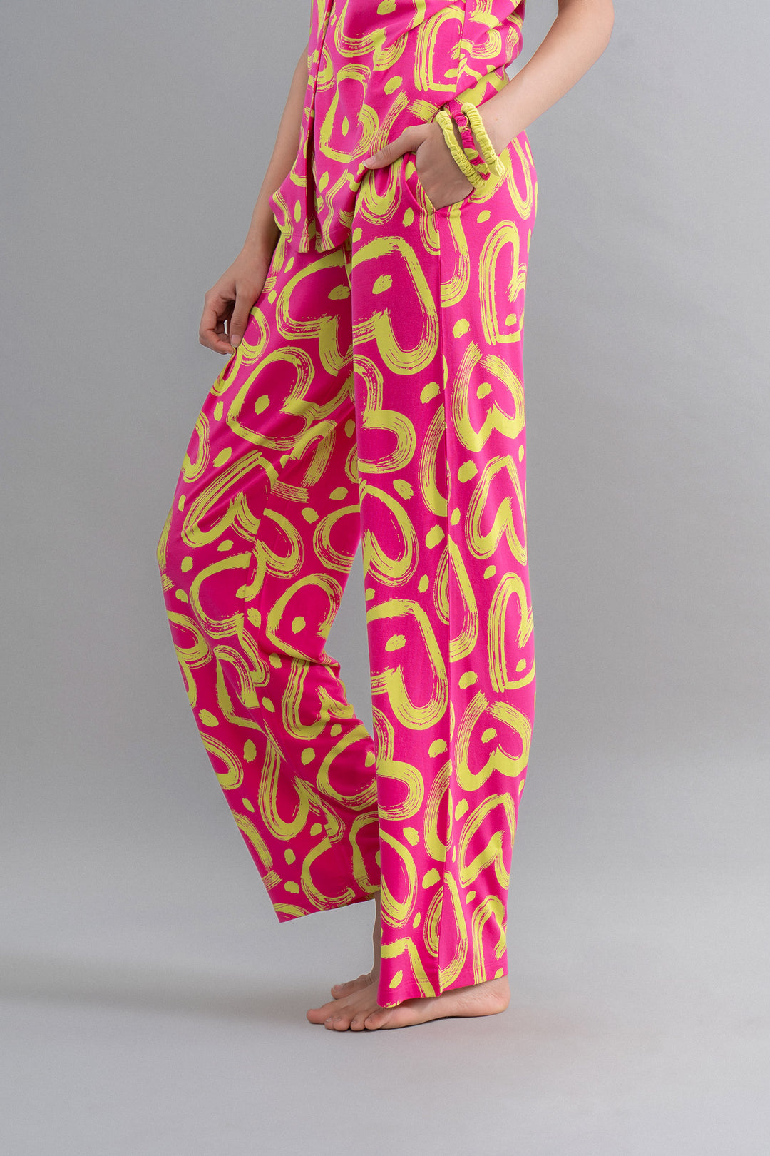 Limited Edition Lovestruck Pink Heart Flared Pajamas with vibrant heart patterns.