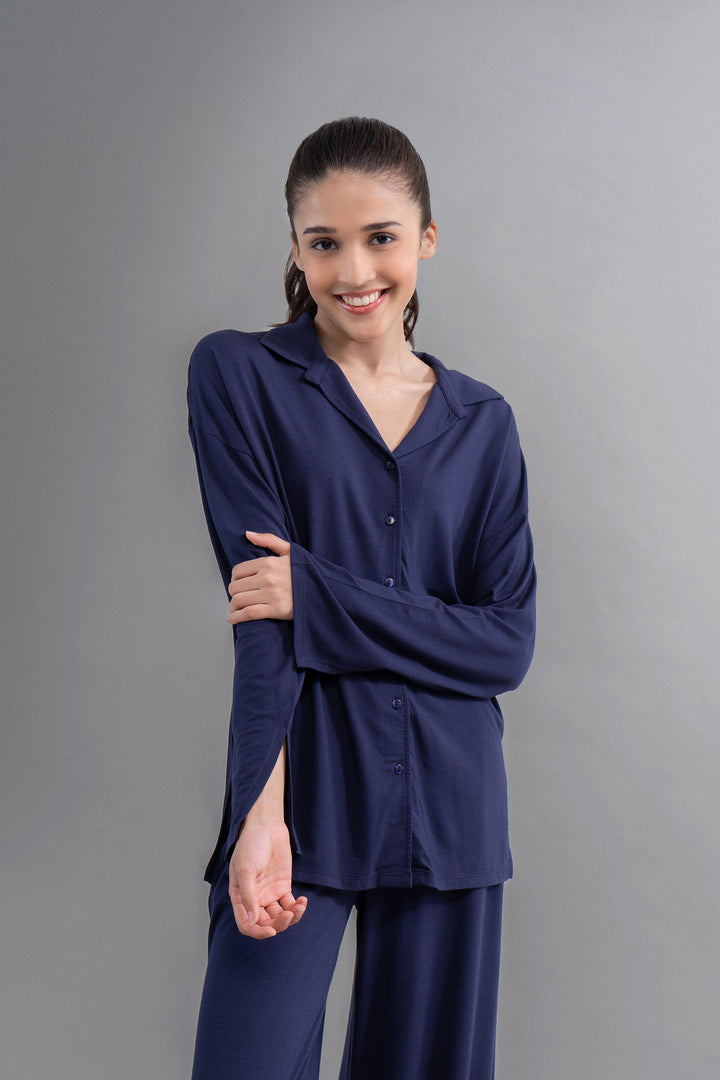 Flared modal pajama set with long lounge top in navy blue.