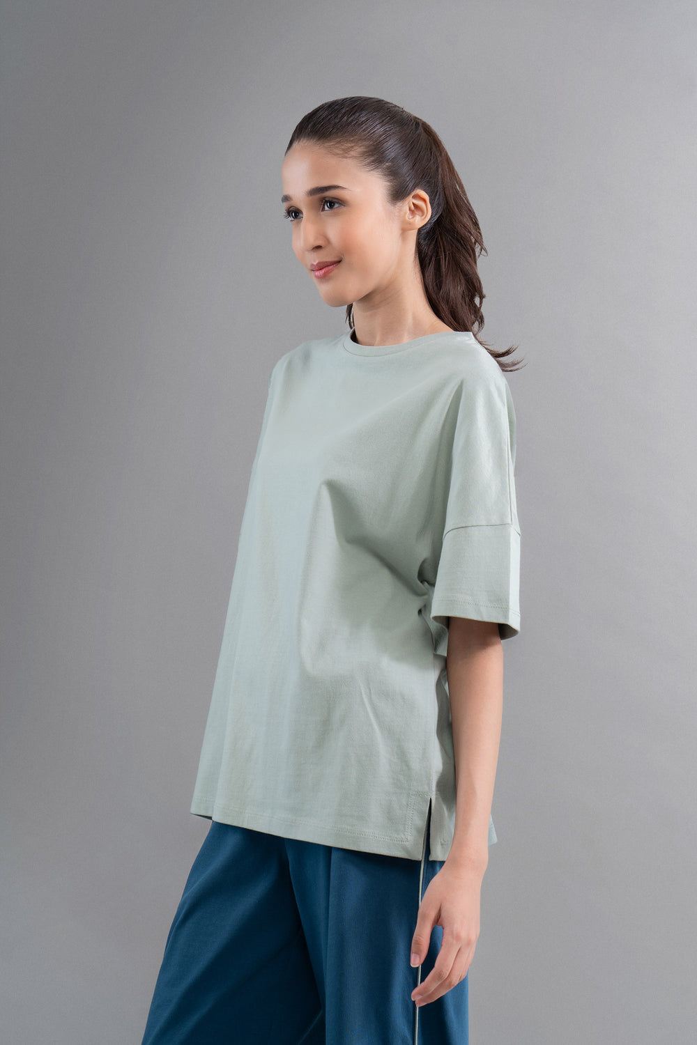 Sage Cotton Side Slit T-Shirt