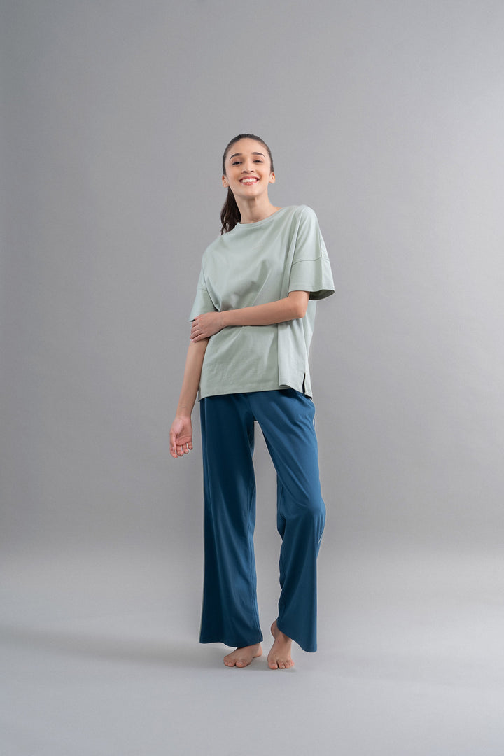 Sage Teal Cotton Lounge Pant With Contrast Piping