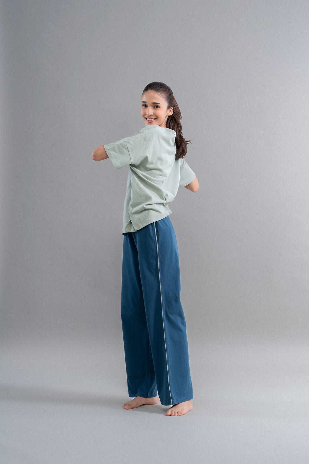 Sage Teal Cotton Lounge Pant With Contrast Piping