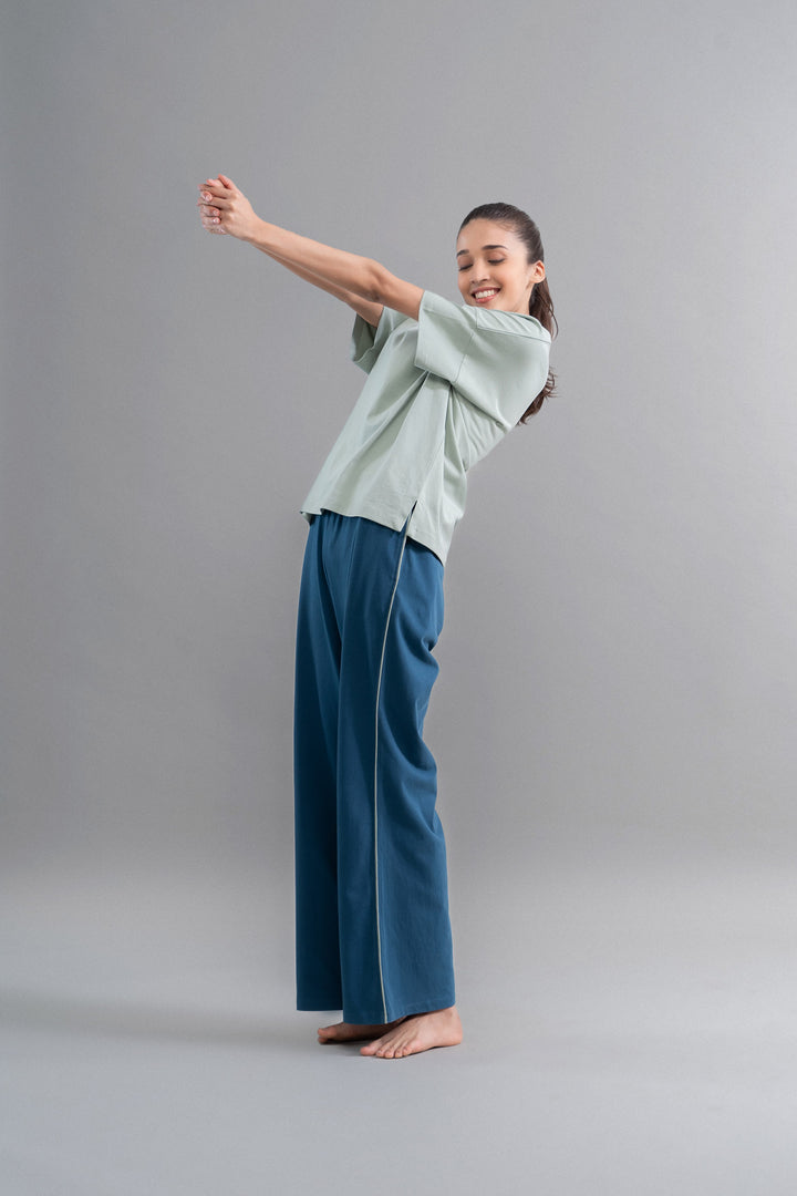 Sage Teal Cotton Lounge Pant With Contrast Piping