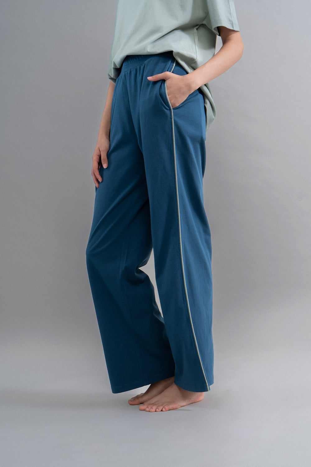 Sage Teal Cotton Lounge Pant With Contrast Piping