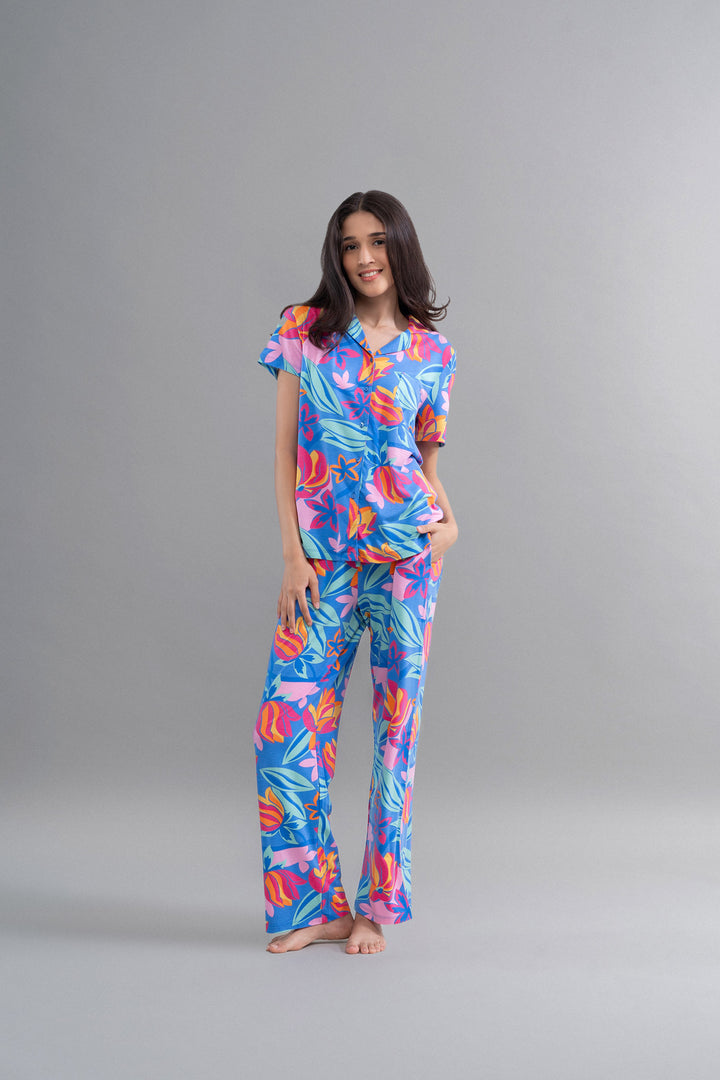 Hawaii Flower Modal Button Down Half Sleeve Shirt for women in vibrant colors.