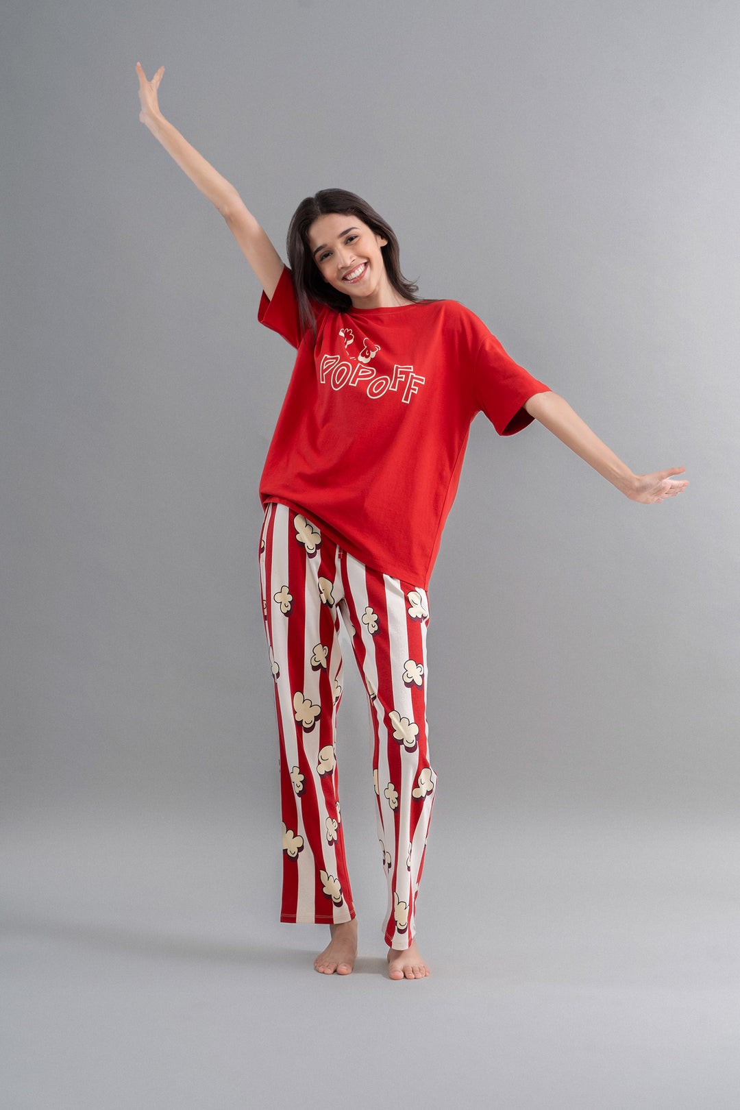 Red popcorn-themed pajamas perfect for cozy movie nights.