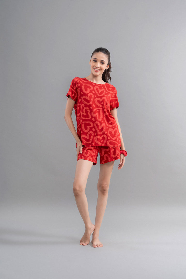 Lovestruck Hearts Red Shorts stylish outfit for trendy summer looks.