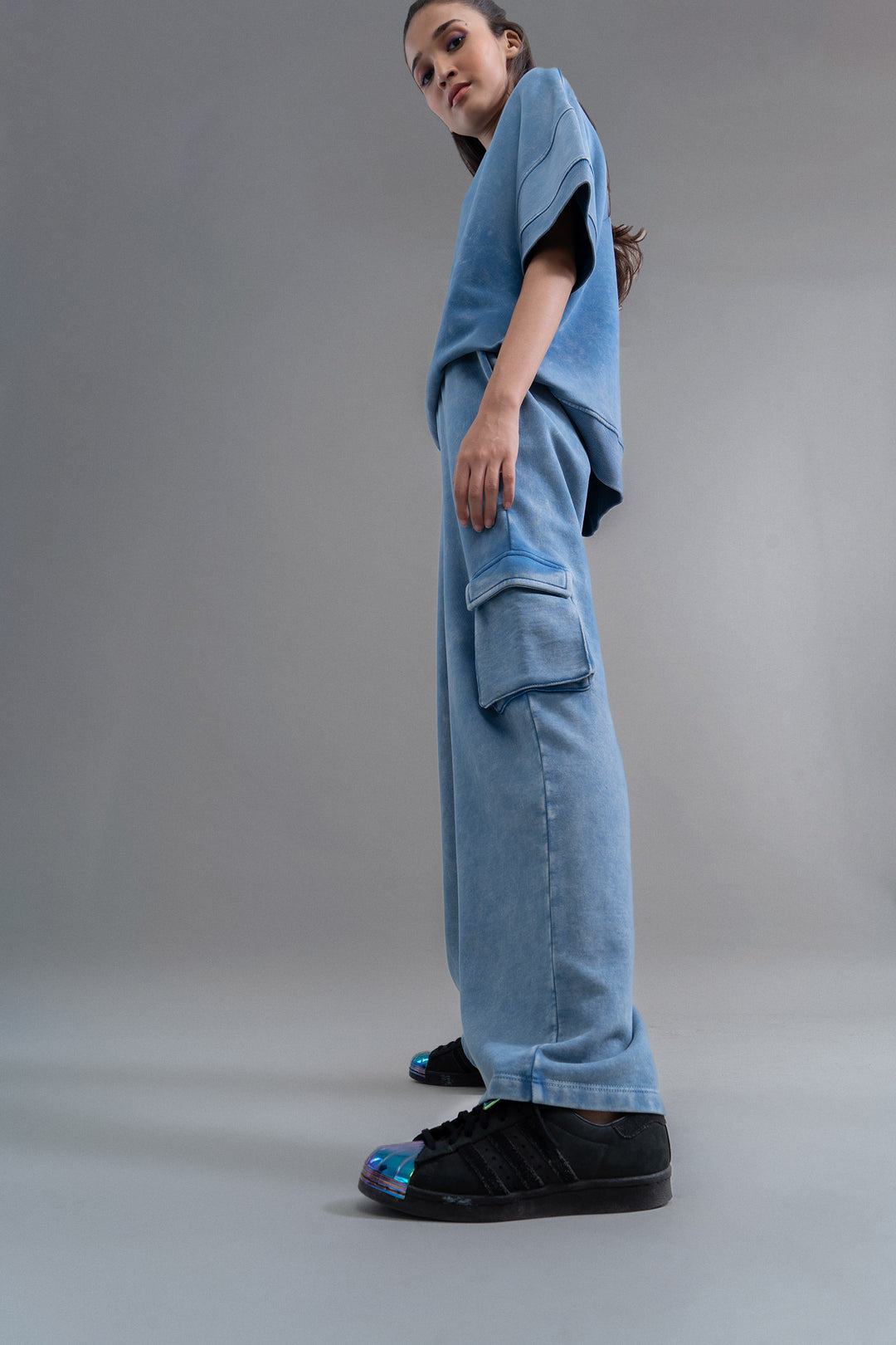 Denim Wash 100% Cotton Terry Cargo Pant