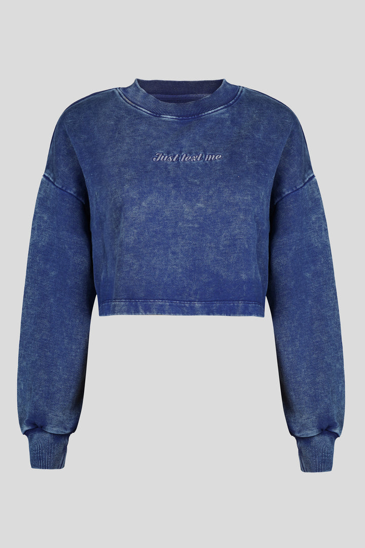 'Just Text Me' Denim Wash Cropped Sweatshirt