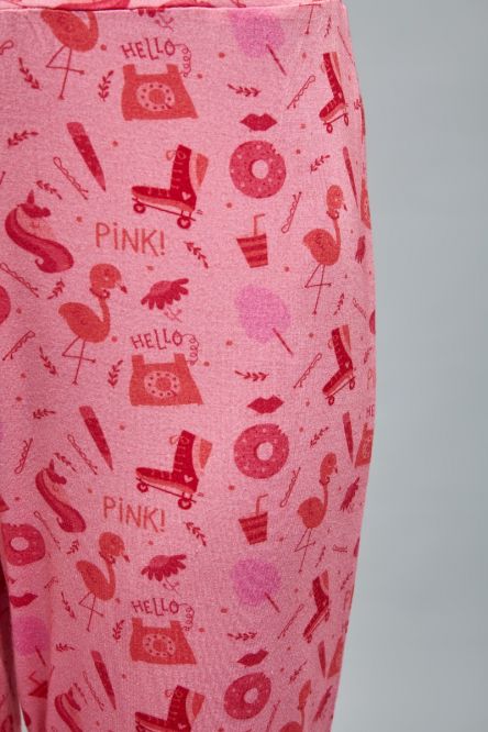 Be Pink Cuffed Pajama Set with colorful flamingo and whimsical patterns.