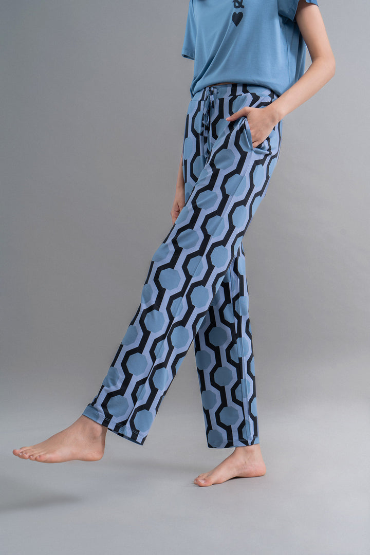 Midnight Blue Geometric Modal Pajamas, stylish and comfortable women's loungewear.