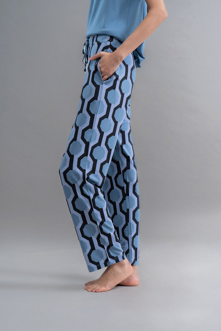 Midnight blue geometric modal pajamas with pockets and lightweight design.