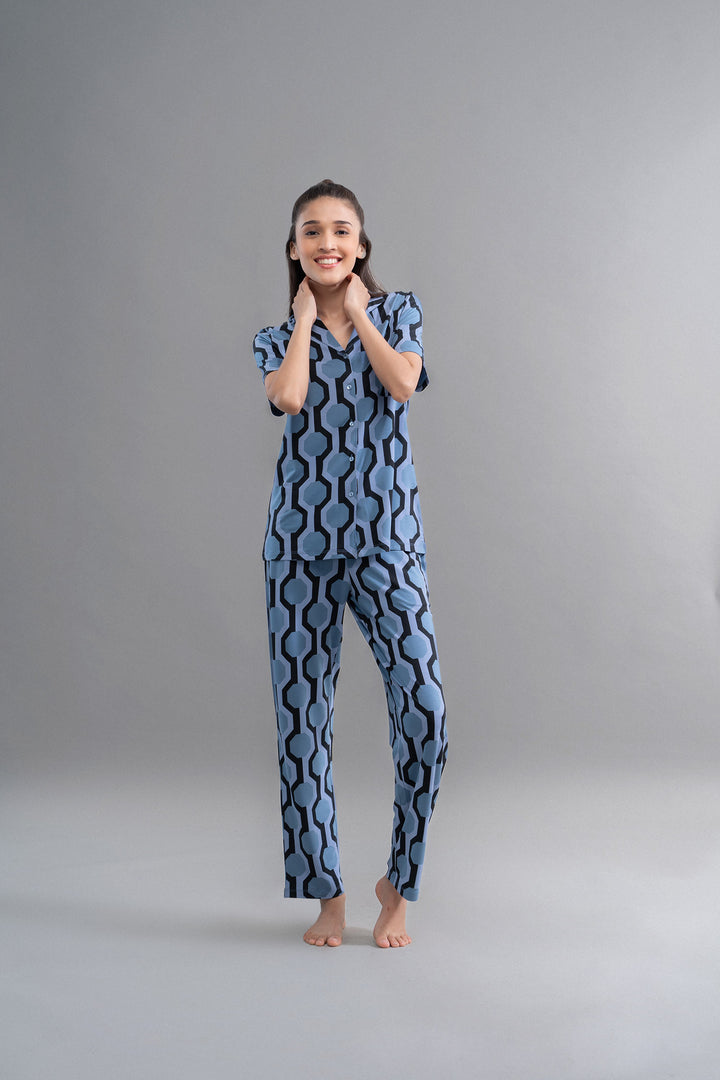 Midnight blue geometric modal pajamas for stylish and comfortable sleepwear.