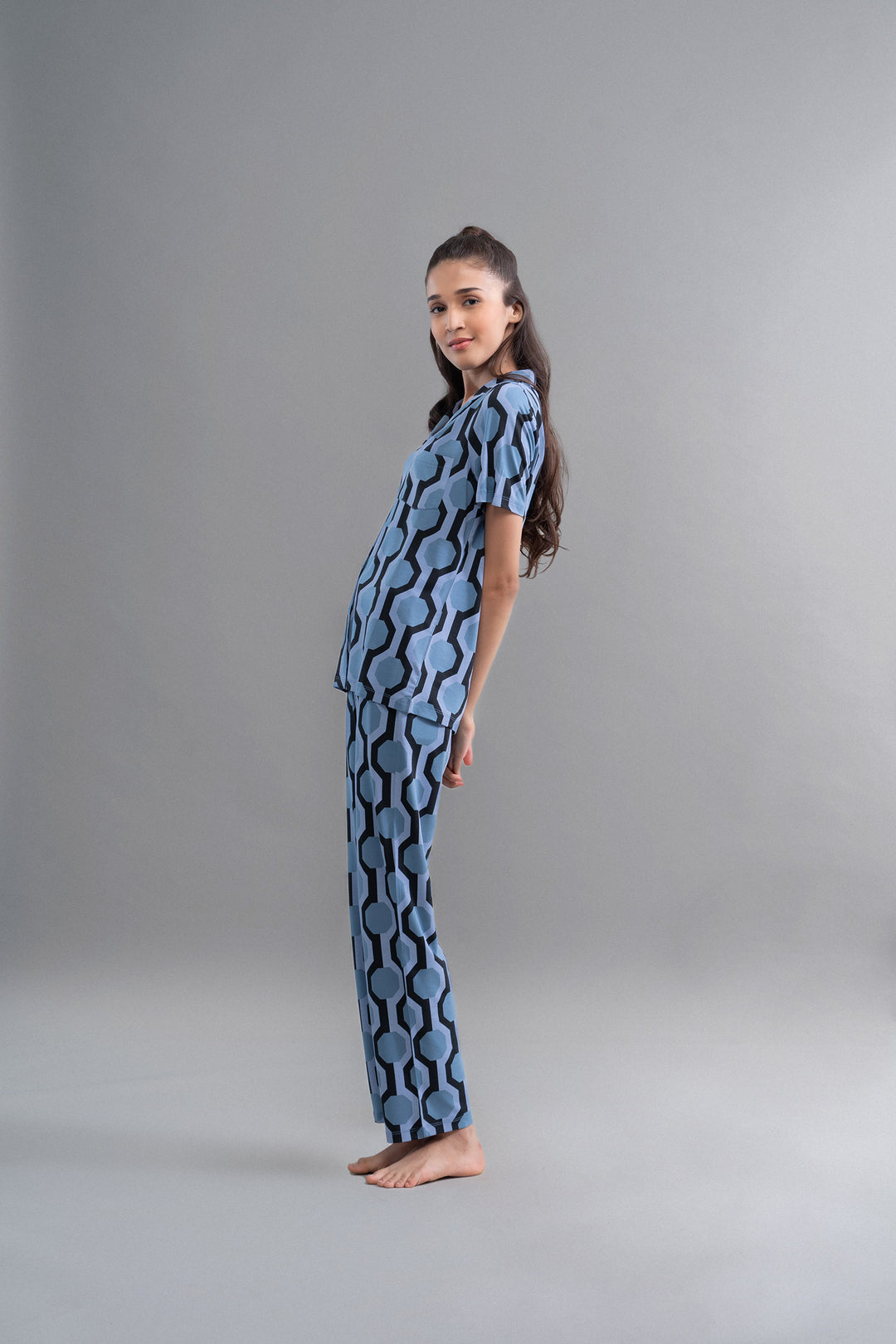 Midnight Blue Geometric Modal Pajamas for stylish comfort and elegance.