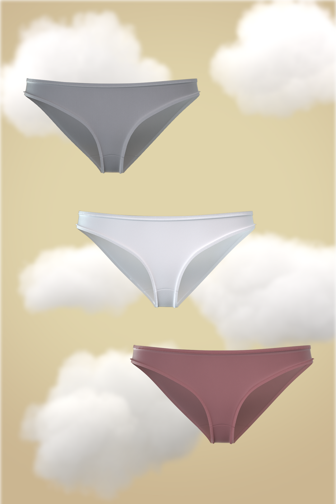 Set of three bikini panties in grey, white, and soft rose.