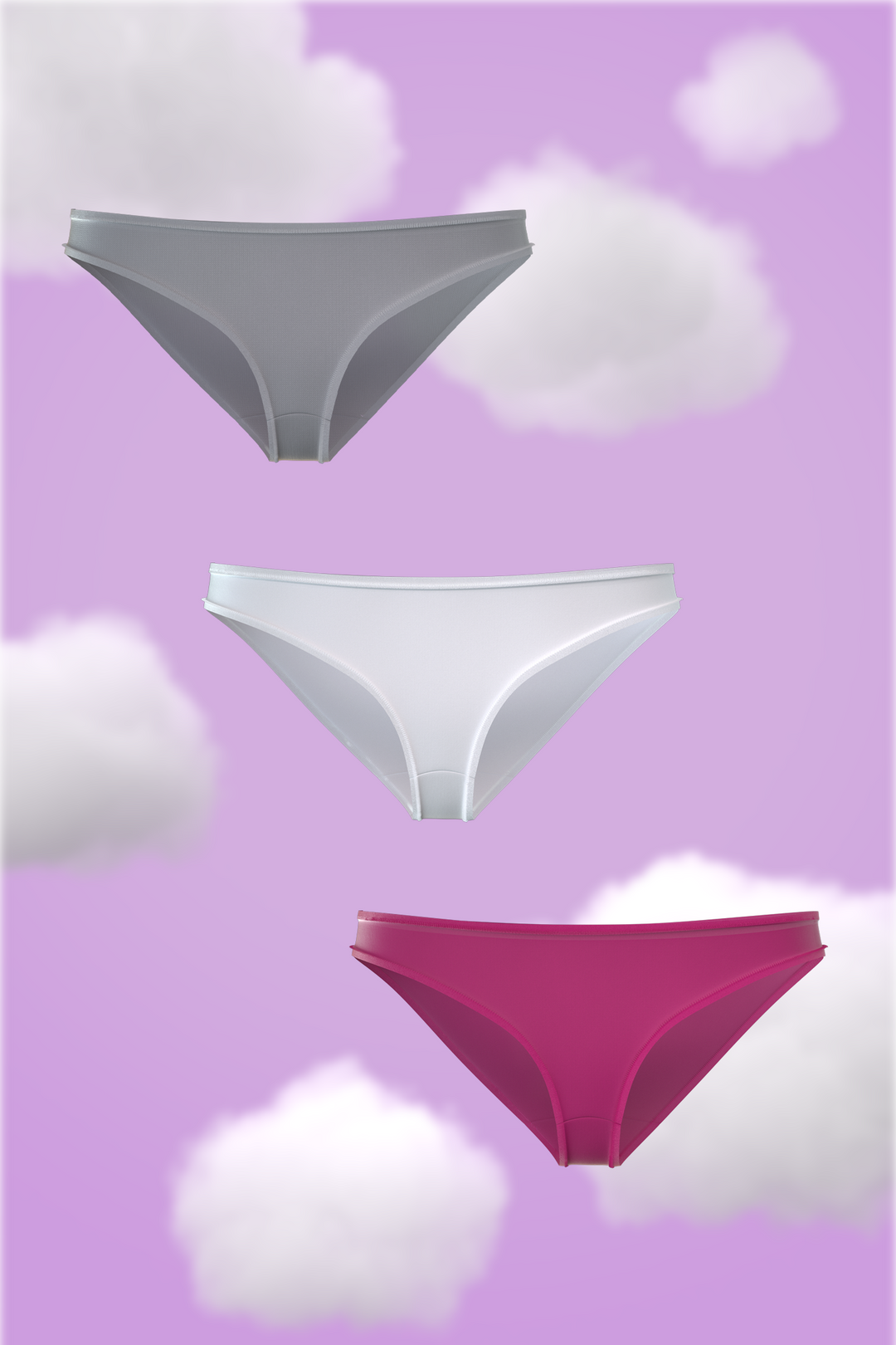 Set of three stylish bikini panties in grey, white, and fuchsia.