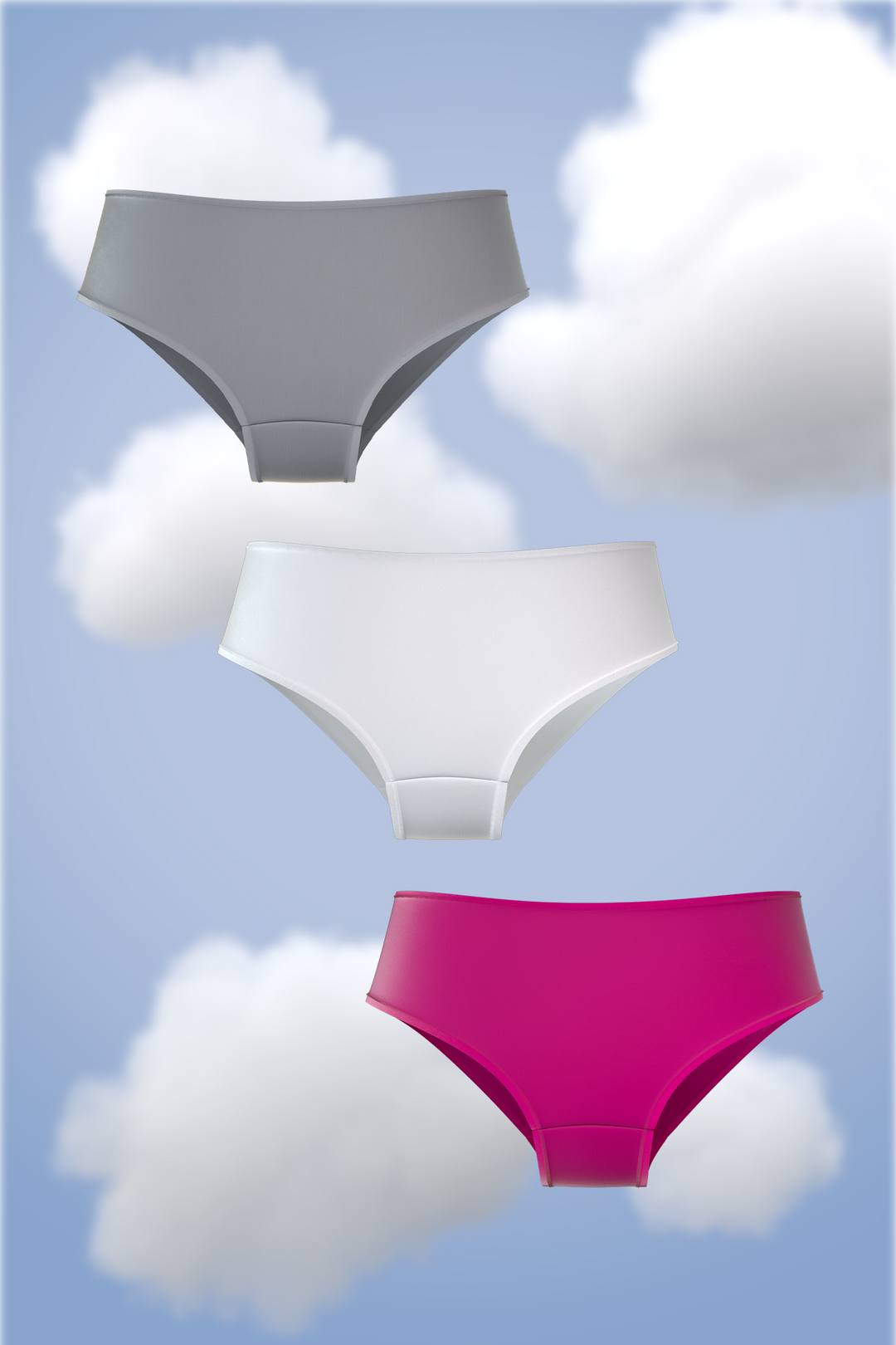 Set of three hipster underwear: grey, white, and pink.