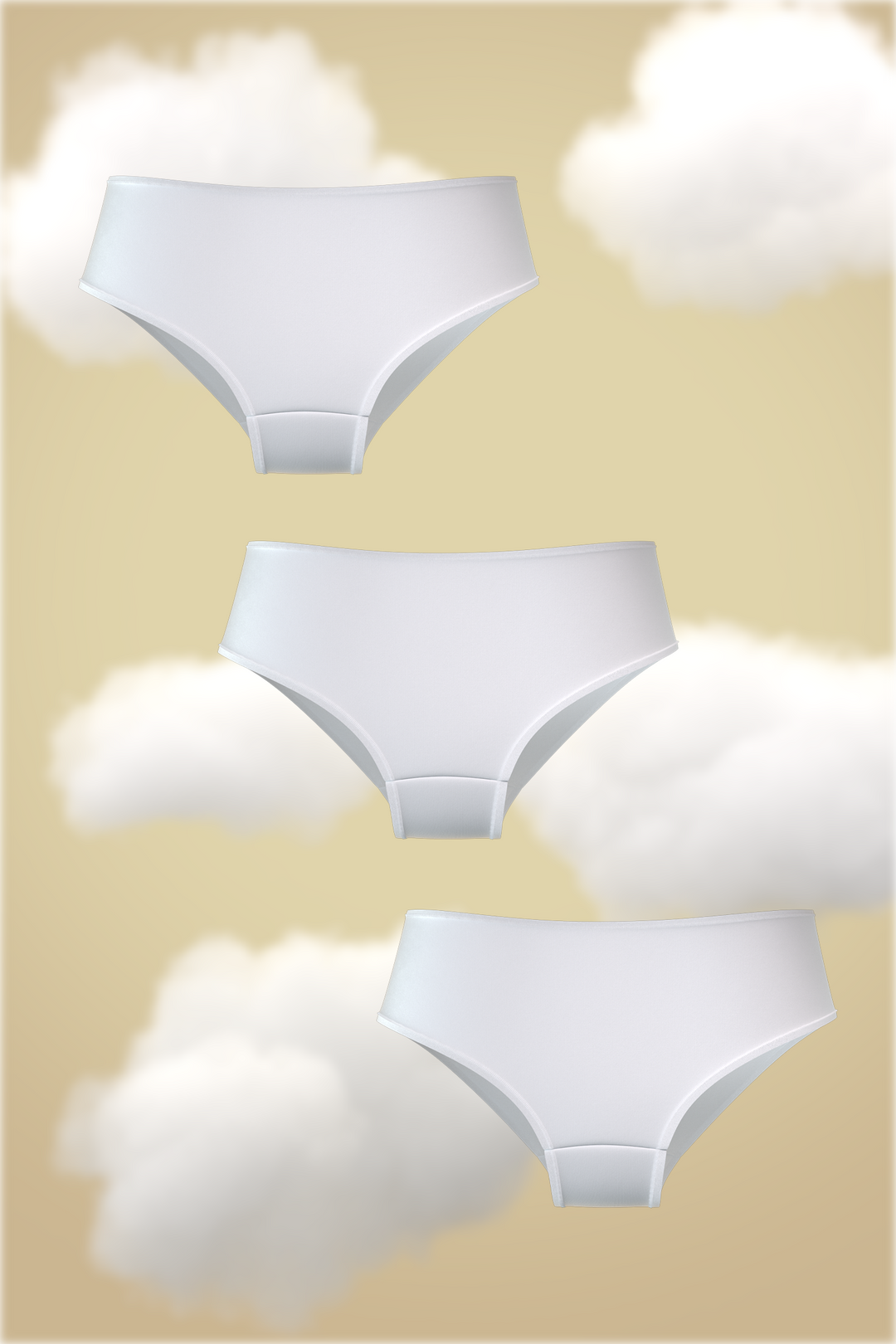 Set of three Cloudy White Supima hipster underwear in soft fabric.