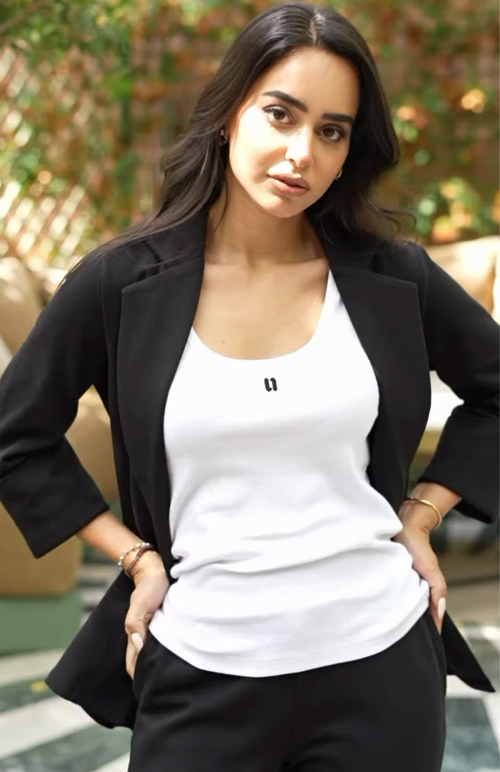 Snugknit Black Blazer Set modeled by a woman outdoors.