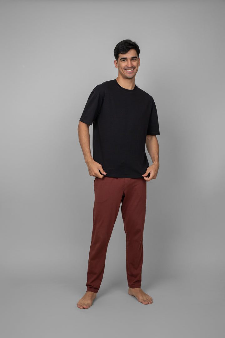 Shadow Red Men's Lounger Set worn by smiling model in casual attire.