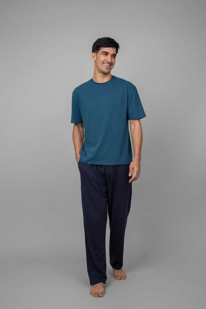 Dark navy men's pajama set, casual and comfortable loungewear.