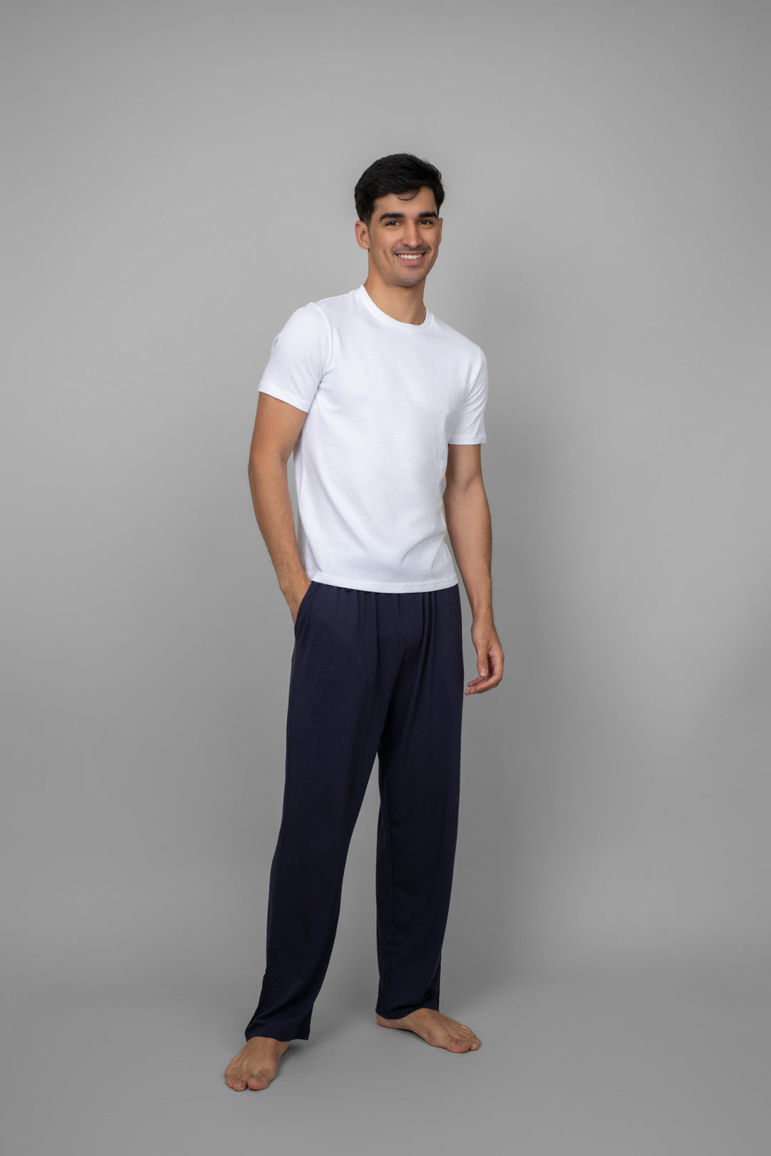 Black men's pajama set styled with a white t-shirt.