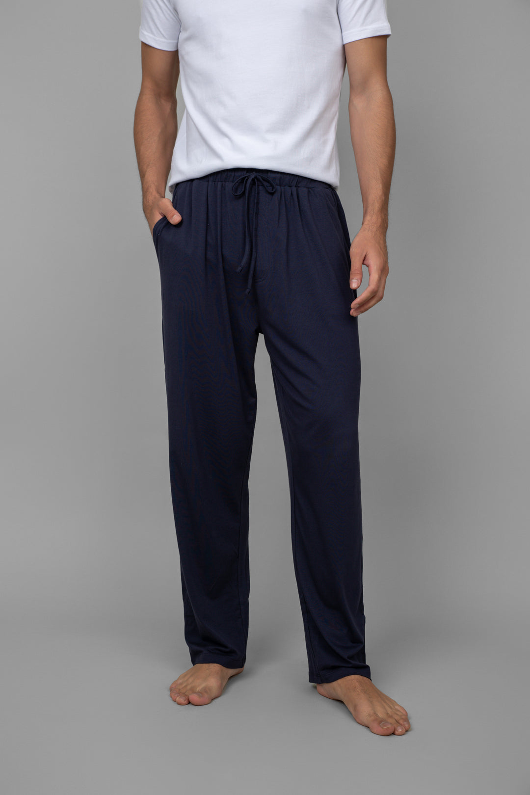 Black men's pajamas with drawstring waist and relaxed fit.