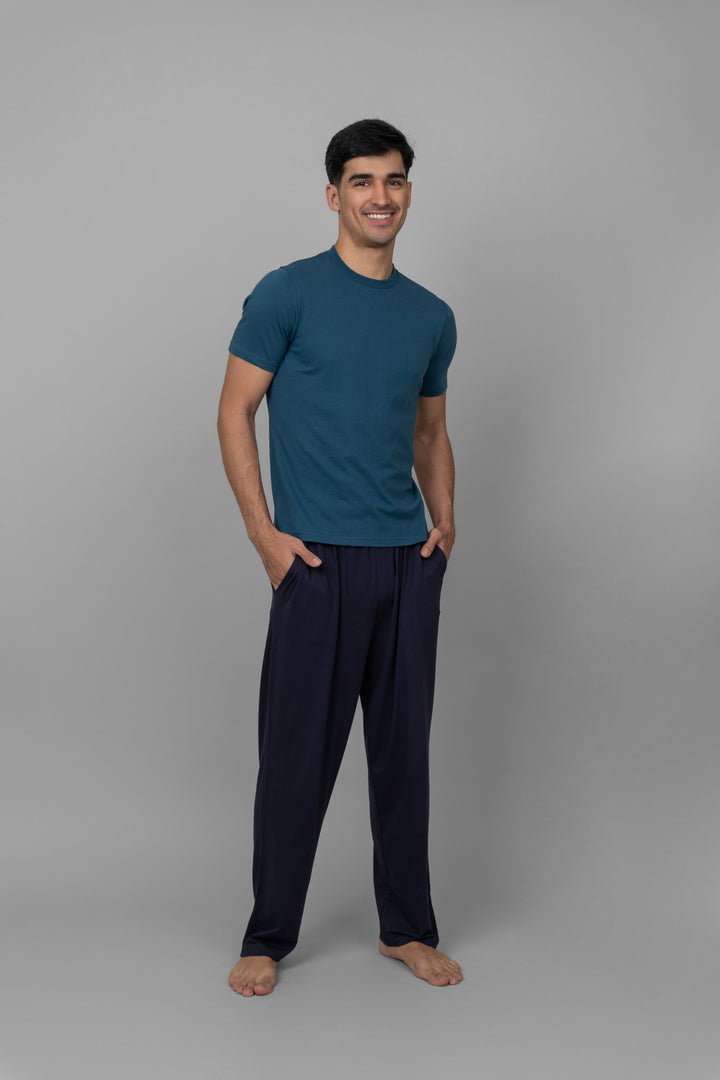 Navy men's loungers set featuring a t-shirt and comfortable pants.