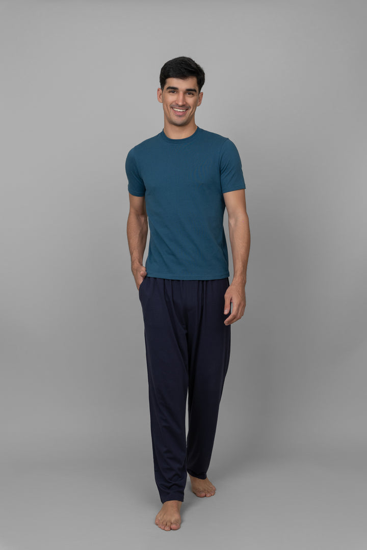 Navy men's lounger set with t-shirt and pants for comfortable relaxation.