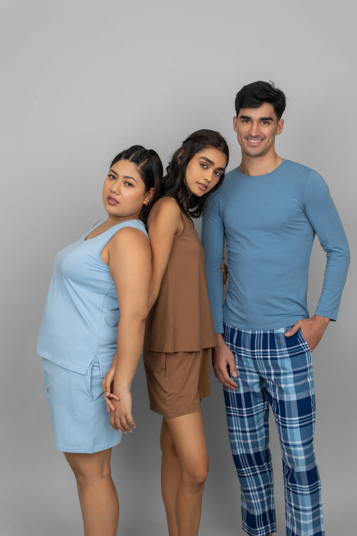 Home Brown Lounge Shorts Set modeled by diverse individuals.