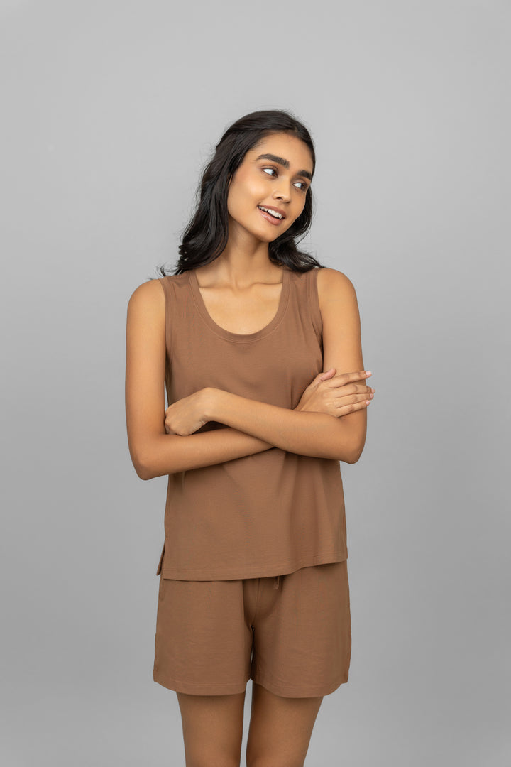 Home Brown Lounge Shorts Set displayed by a smiling model.