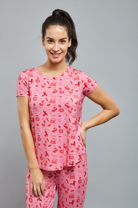 Be Pink Cuffed Pajama Set with fun prints and relaxed fit.