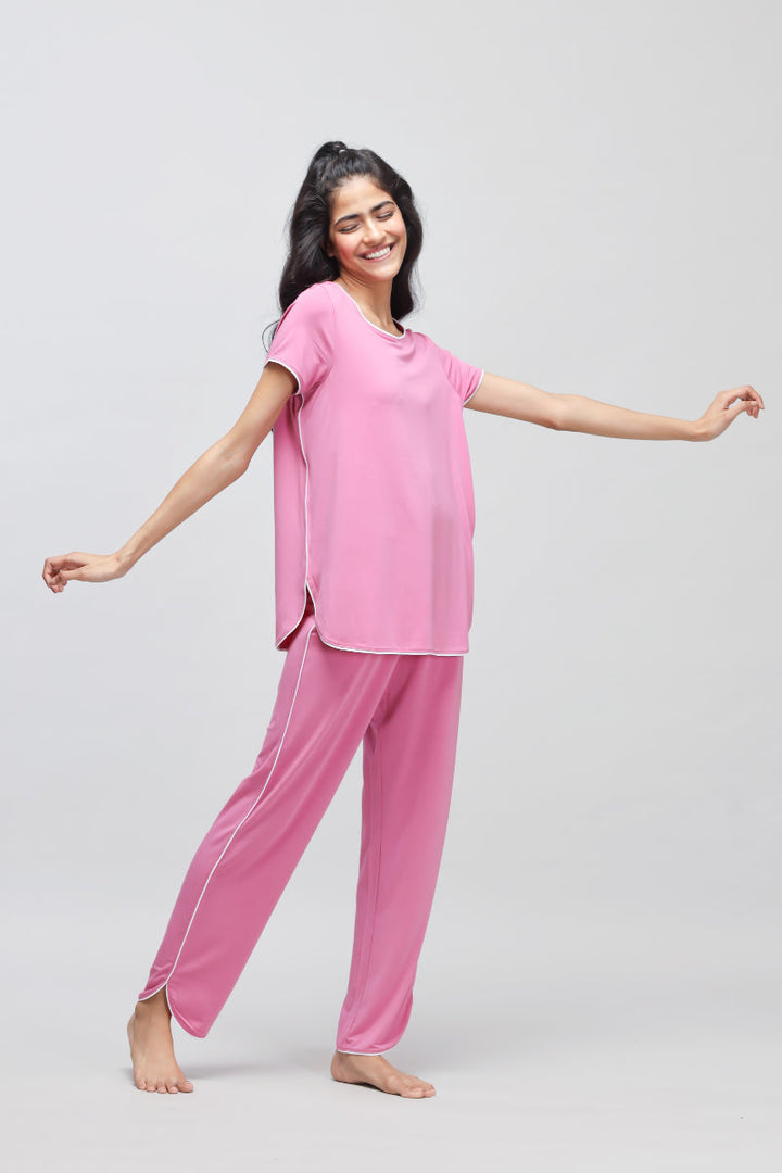 Rose Pink White Piping Pajama Set