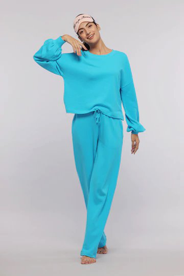 Aqua Terry Travel Set in vibrant blue loungewear for comfort and style.