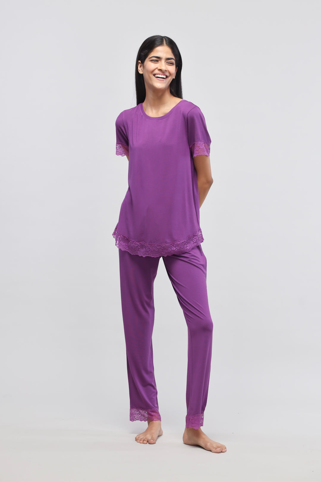 Dreamy purple lace top and pants set, perfect for lounging.