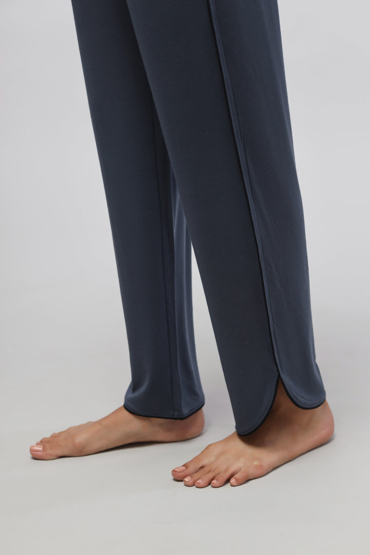 Deep Blue Piping Pajama Set featuring stylish, comfortable pants for relaxation.