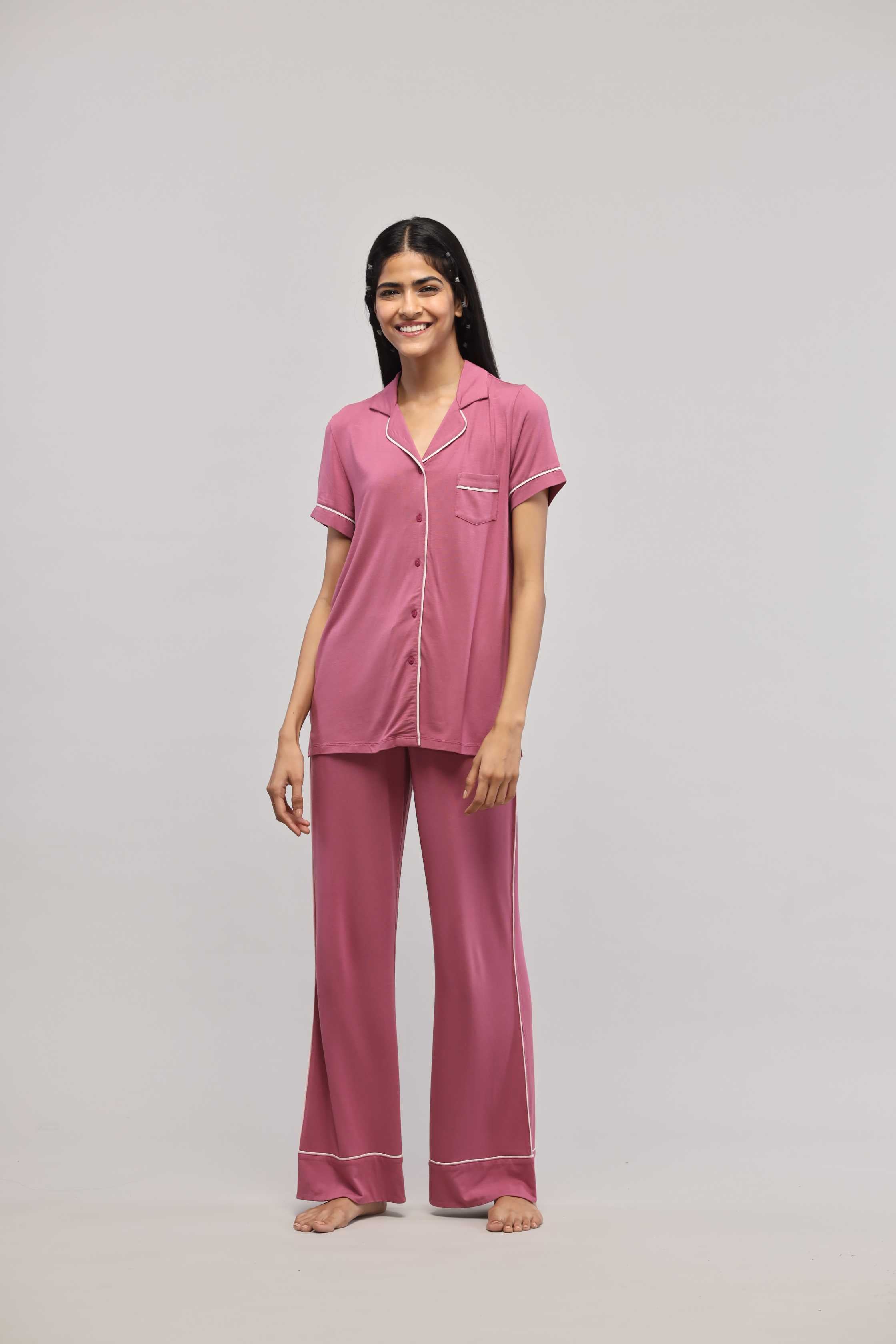 Satin piped pajama set new arrivals