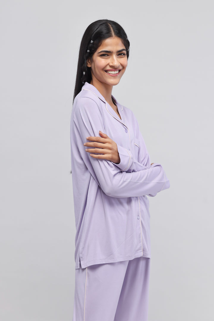 Lavender piping pajama set with full sleeve top for women.