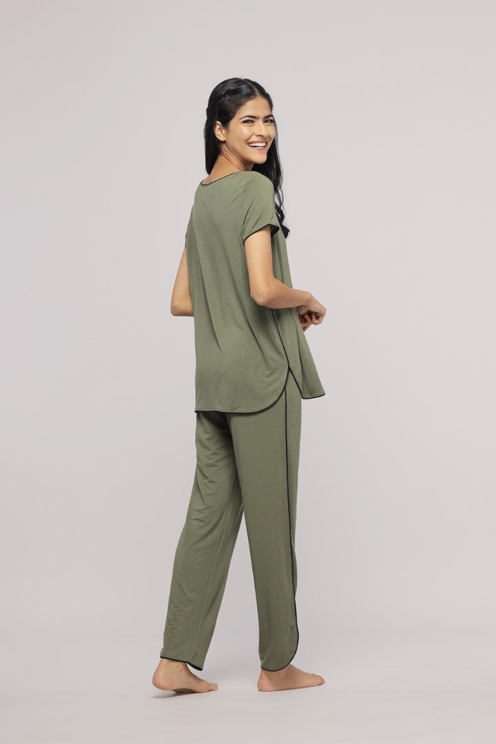 Olive green multipurpose lounge pant for comfortable, casual wear.