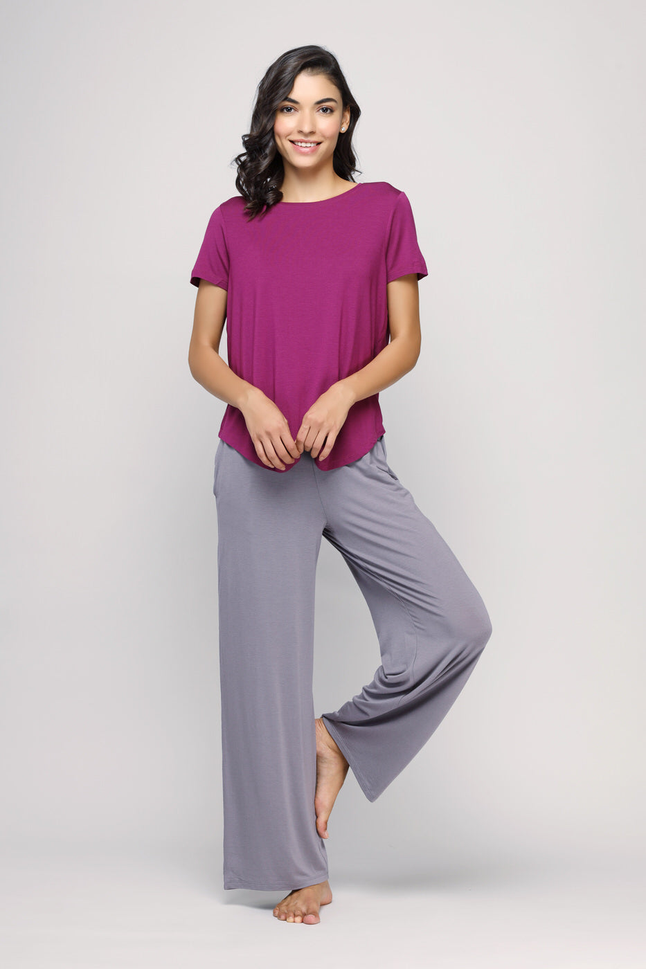 Wanderer Flared Lounge Set in purple and gray, stylish comfort outfit.