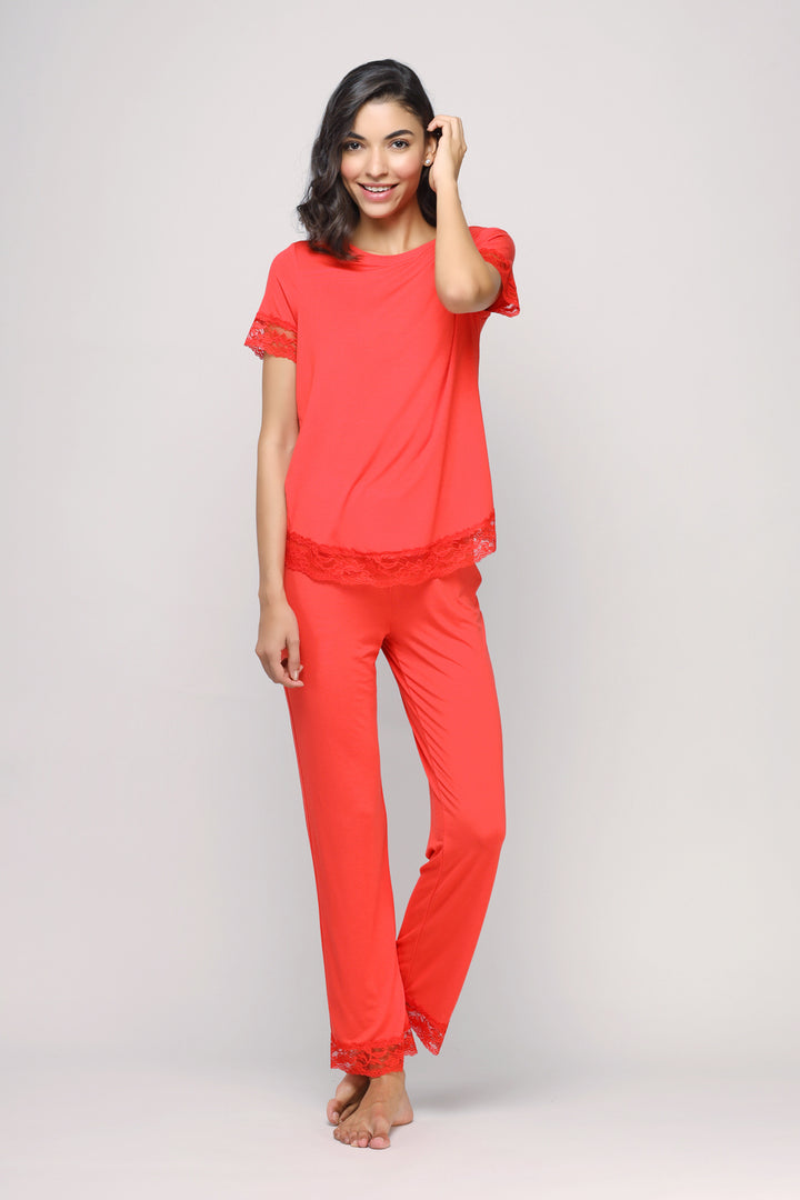 Delicate Lace Angel Pajamas Set in vibrant red with lace details.