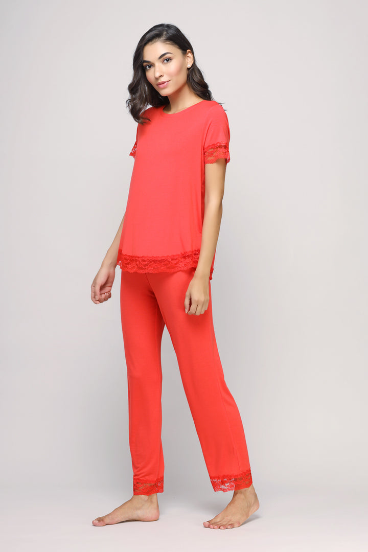 Delicate Lace Angel Pajamas Set in vibrant coral color.