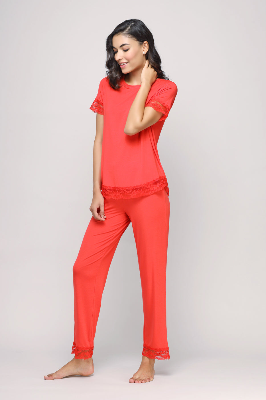 Delicate lace angel top in vibrant red loungewear set.