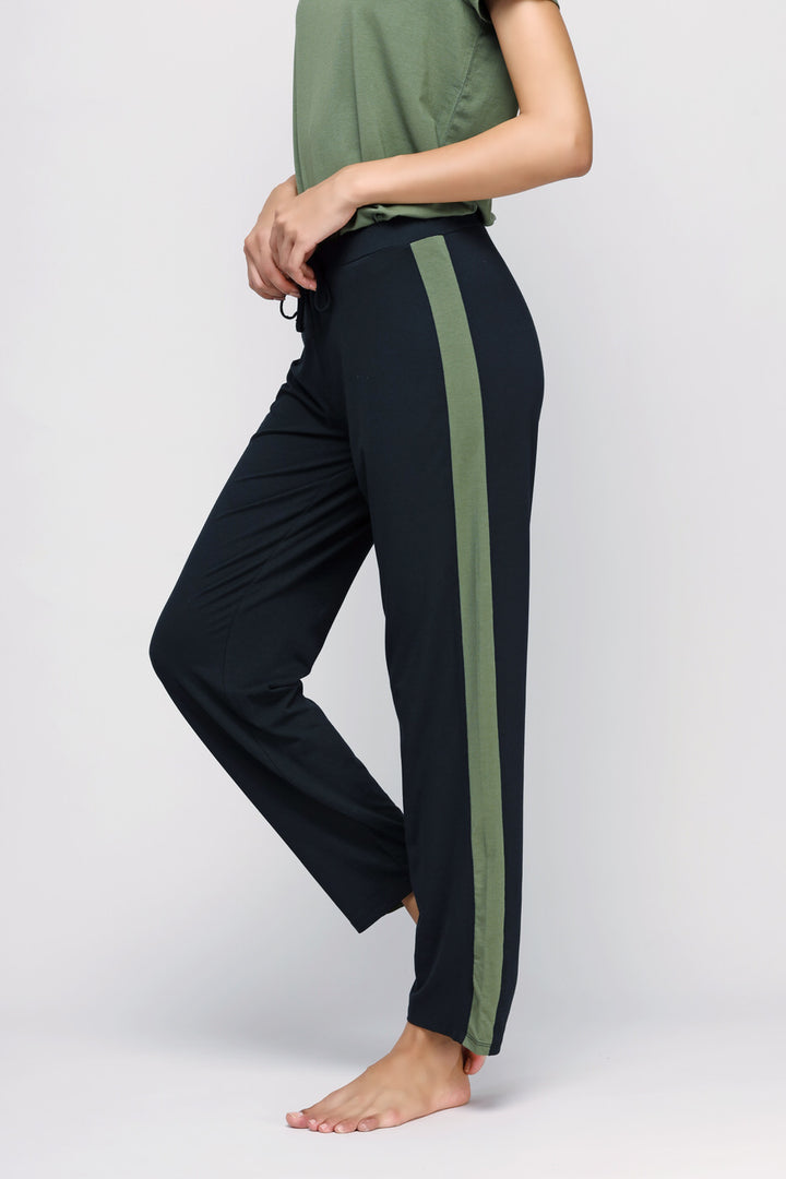 Movement Black Lounge Set featuring Side Green Stripe detail.