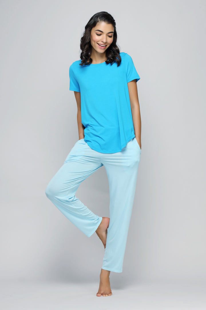 Breezy Blue Straight Lounge Set worn by model, casual and comfortable outfit.