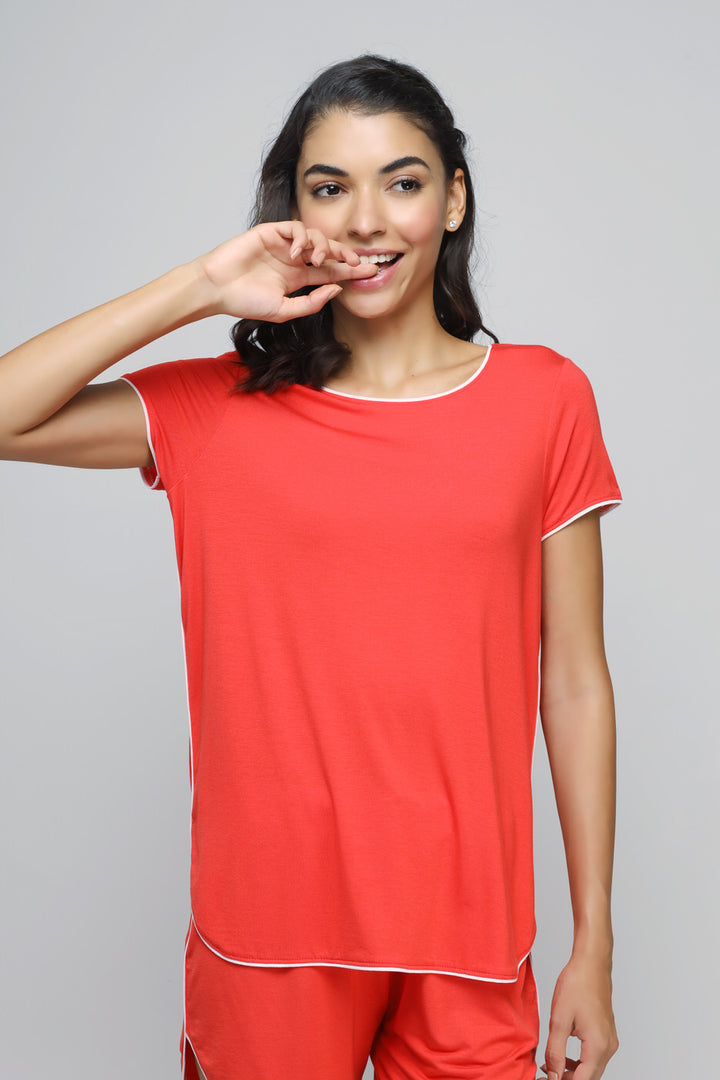 Model wearing Angel Red Piping Shorts Set on neutral background.