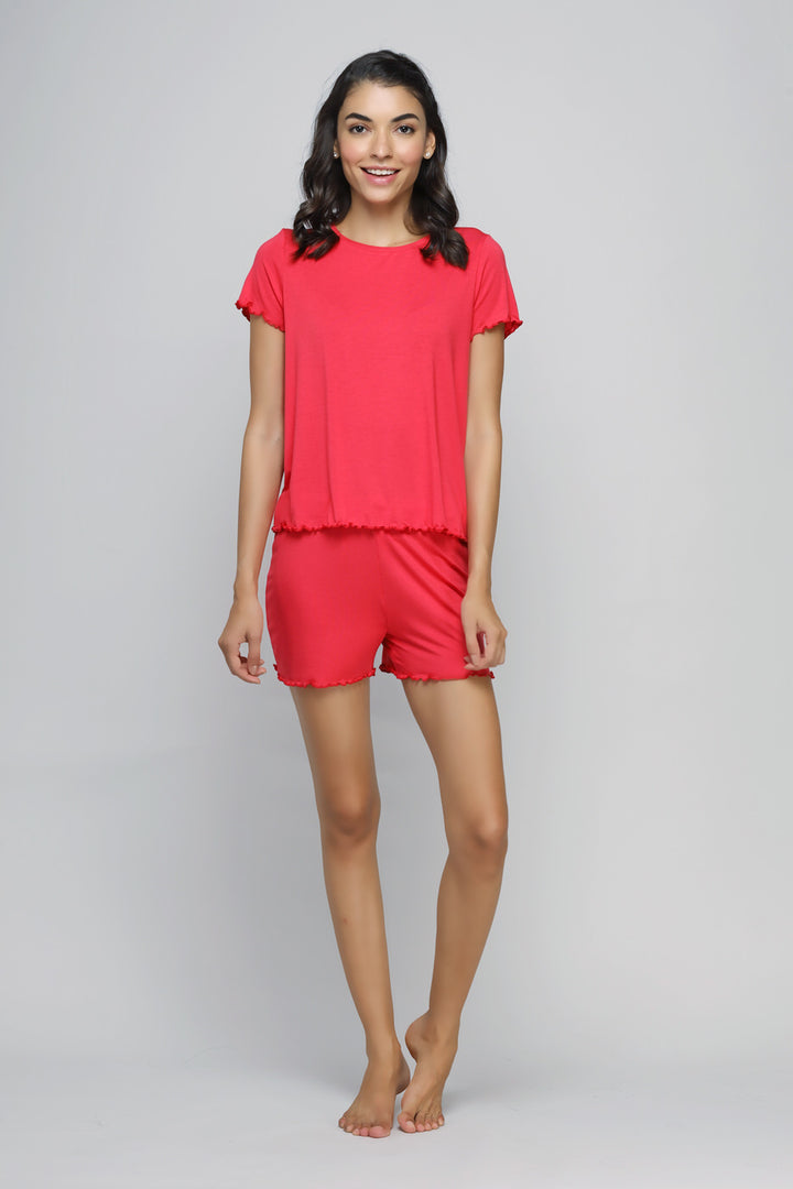 Love Red Frill Top with matching shorts for stylish comfort.