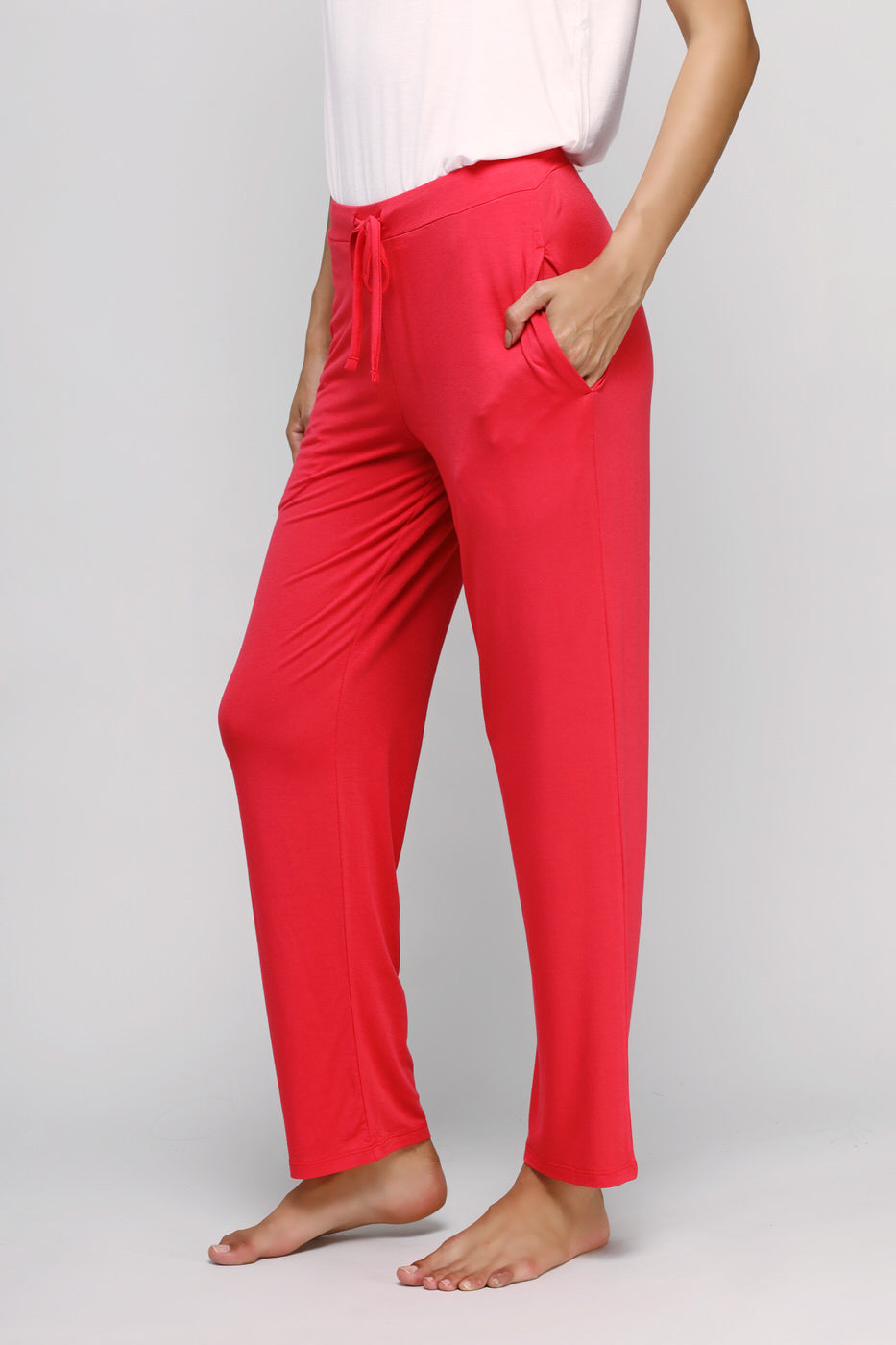 Red straight lounge set with pockets for comfortable styling.