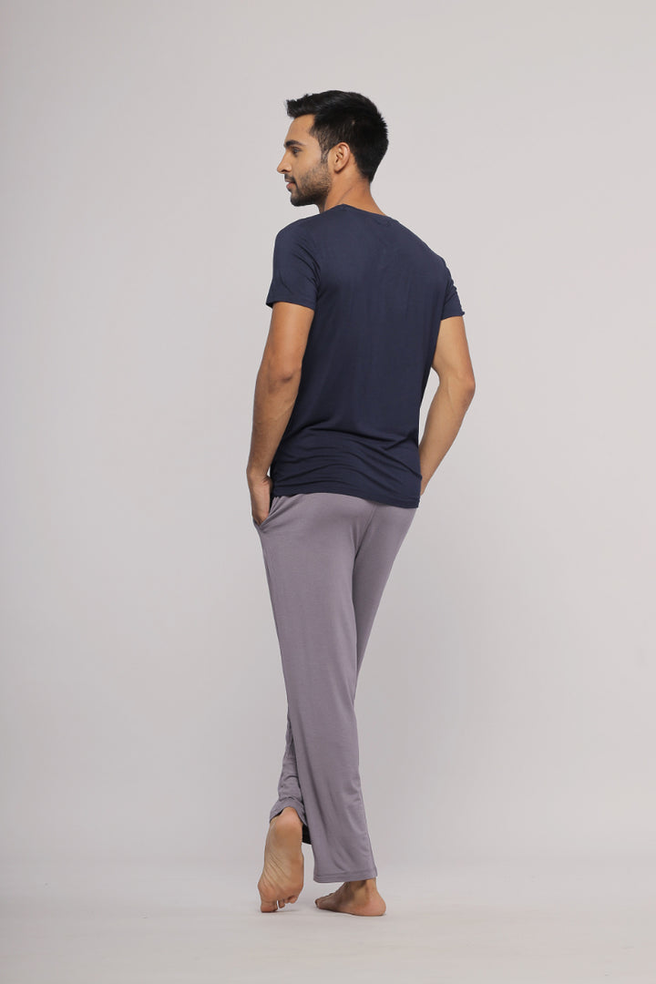 Men's deep blue lounge t-shirt styled with comfortable pants.